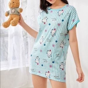 New Cat Print Kawaii Striped T-Shirt Nightgown​